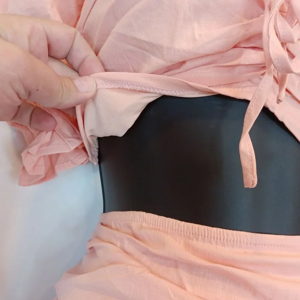 Privy WMN'S Sz L Ruched Smock 2 Piece Skirt Set Crop Puff Sleeve Ruffle Stretch - Picture 5 of 12